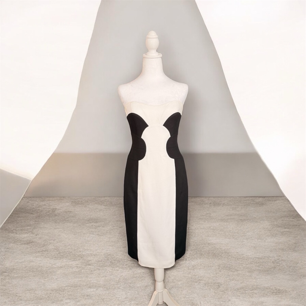 Escada Black And White Strapless Colorblock Sheath Dress